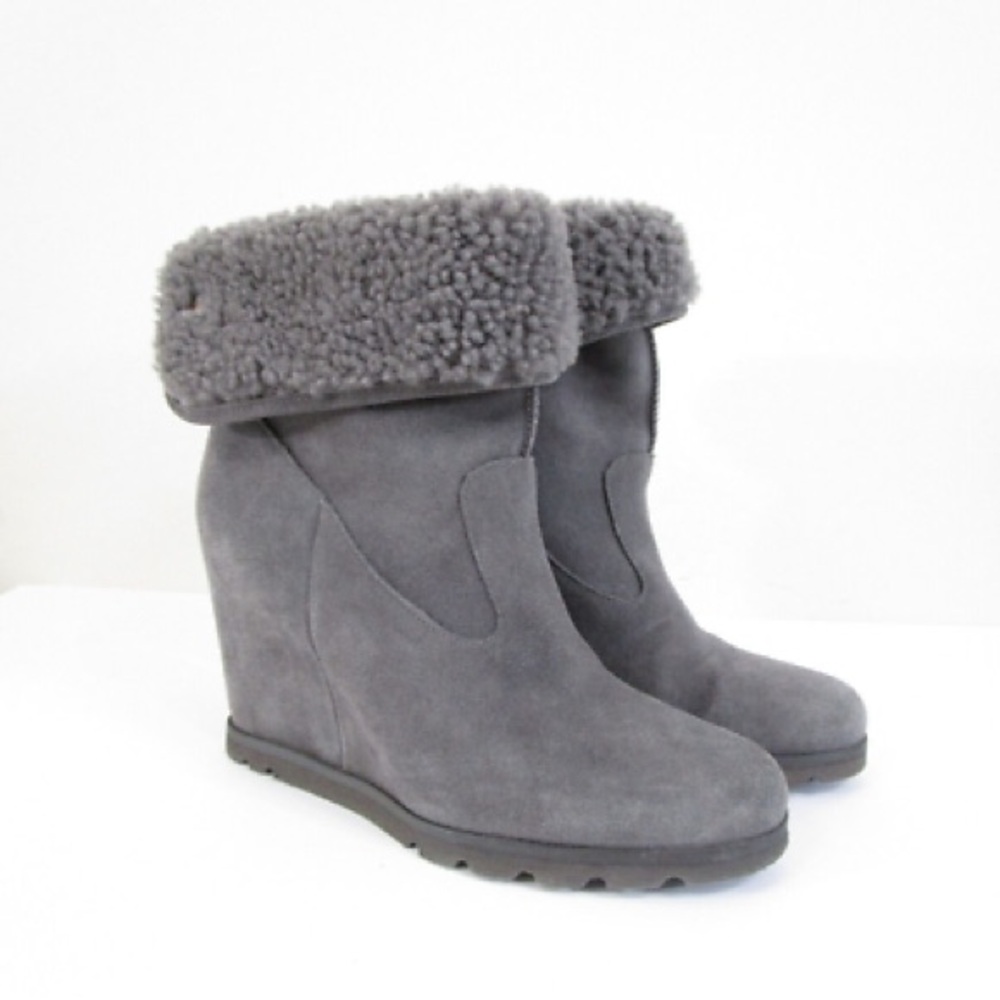 Ugg Womens Gray Suede Leather Shearling Kyra Wedge Winter Booties Size 8